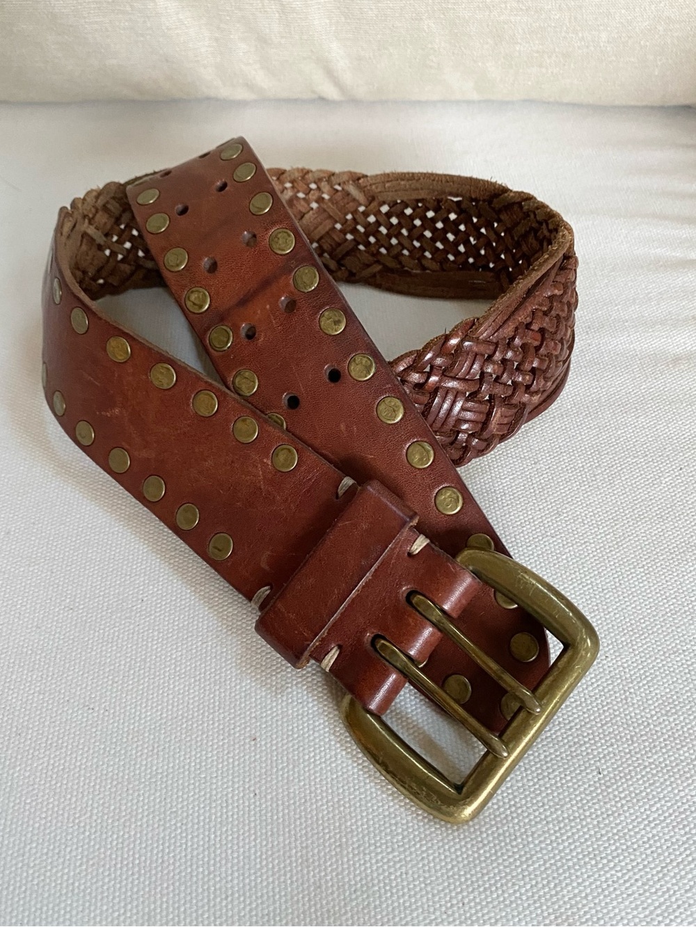 VTG Lucky Brand Brown Leather Braided Brass Buckle Studded Boho Belt Size 30